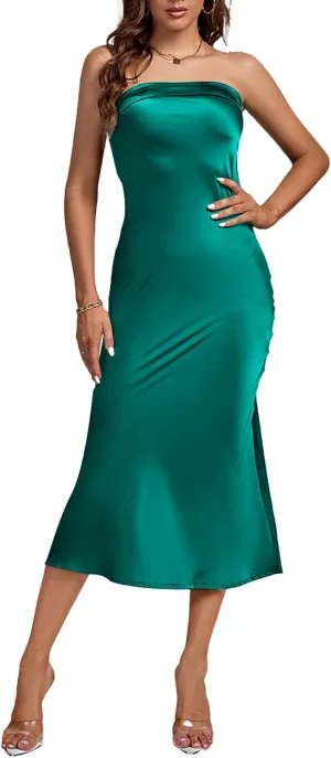 LYANER Women's Satin Sleeveless Tube Backless High Waist Strapless Draped Back Long Dress