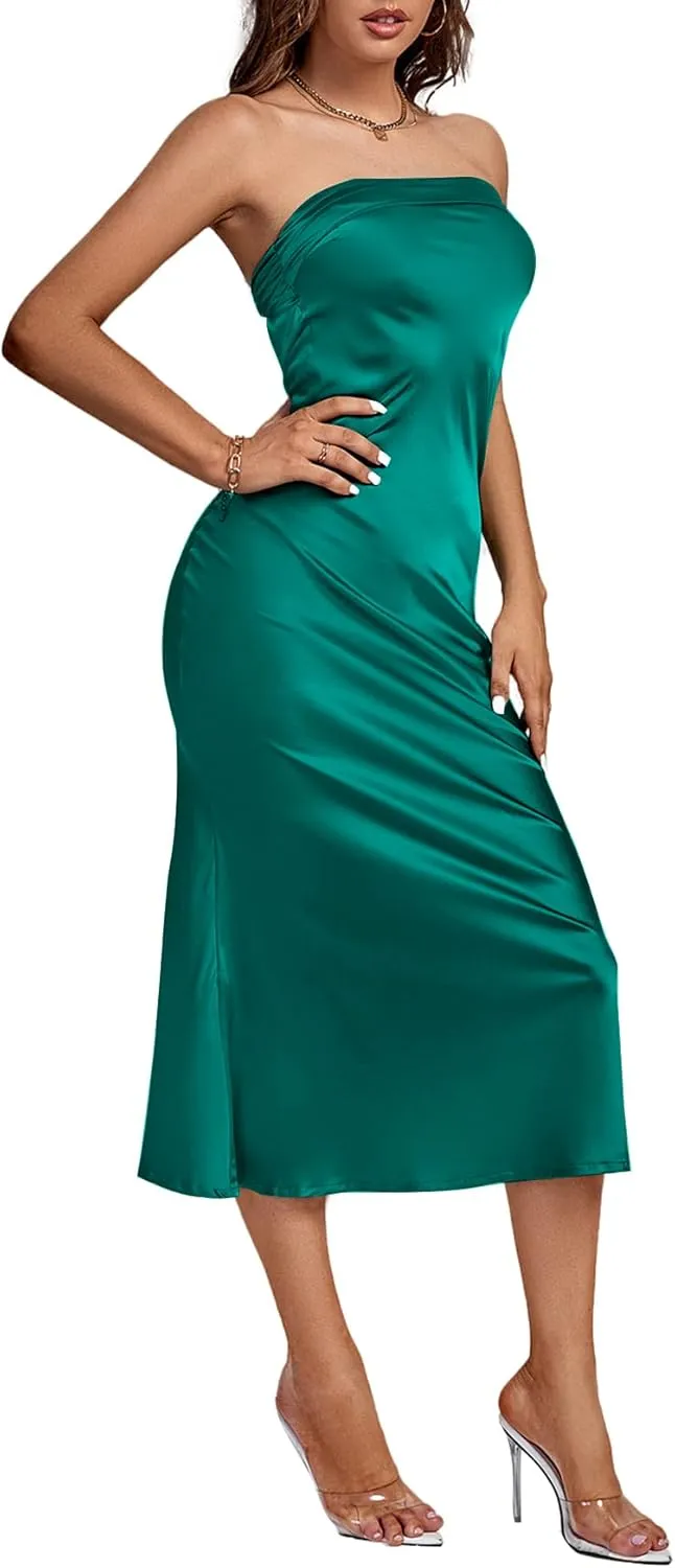 LYANER Women's Satin Sleeveless Tube Backless High Waist Strapless Draped Back Long Dress