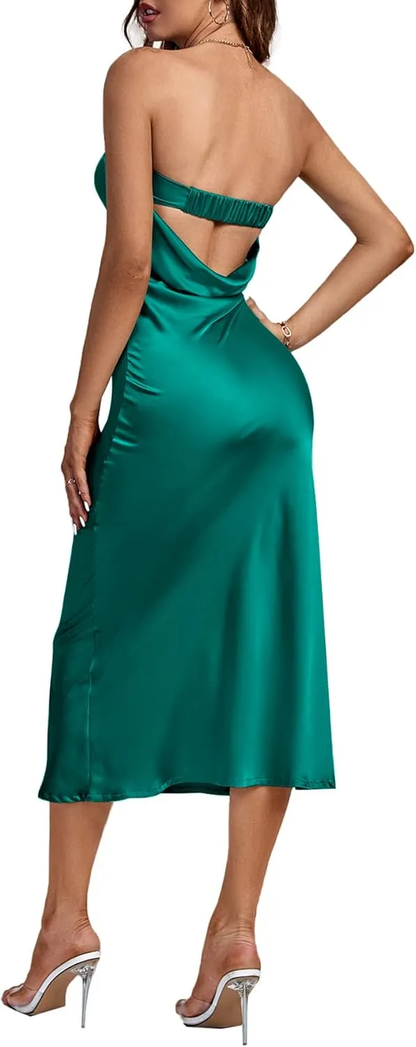 LYANER Women's Satin Sleeveless Tube Backless High Waist Strapless Draped Back Long Dress