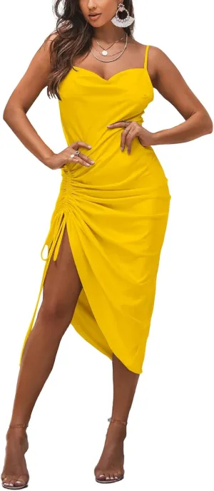 LYANER Women's Satin Spaghetti Straps Cowl Neck Sexy Ruch Cocktail Midi Dresses