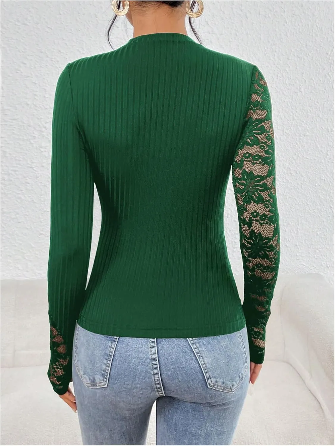 MakeMeChic Women's Floral Lace Long Sleeve Mock Neck Rib Knitted Asymmetrical Tee Shirt Tops