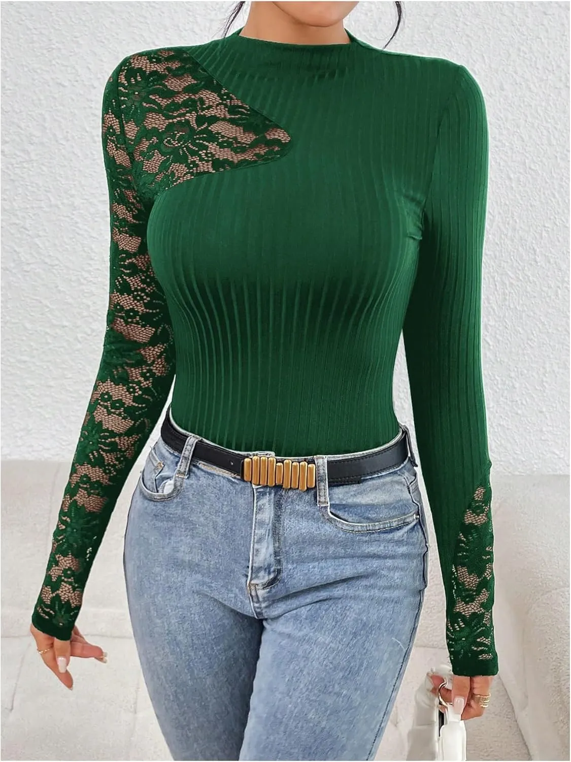 MakeMeChic Women's Floral Lace Long Sleeve Mock Neck Rib Knitted Asymmetrical Tee Shirt Tops
