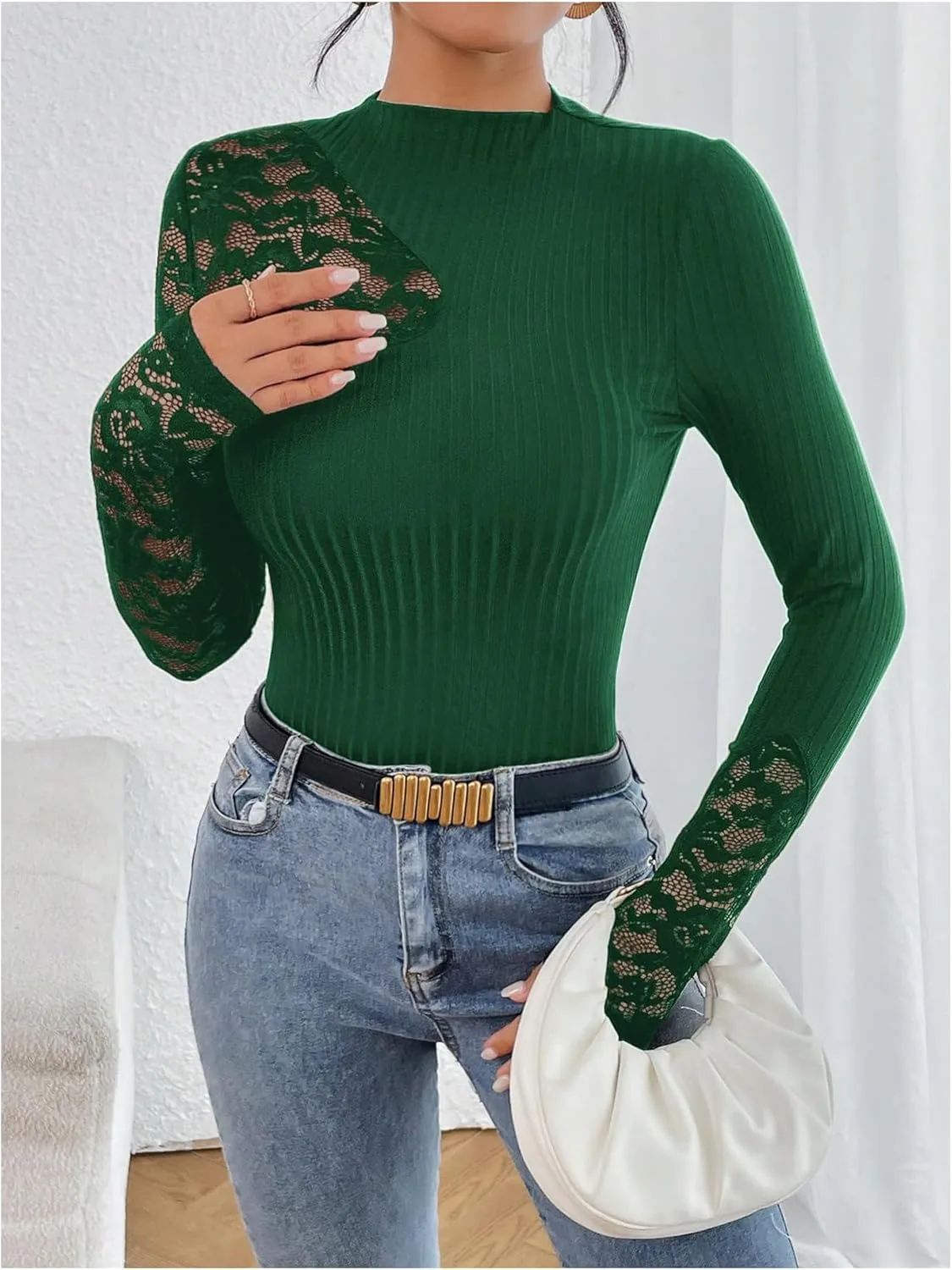 MakeMeChic Women's Floral Lace Long Sleeve Mock Neck Rib Knitted Asymmetrical Tee Shirt Tops
