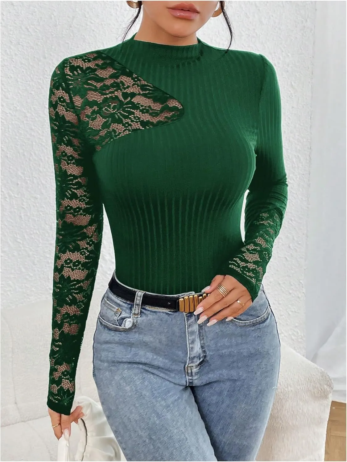 MakeMeChic Women's Floral Lace Long Sleeve Mock Neck Rib Knitted Asymmetrical Tee Shirt Tops
