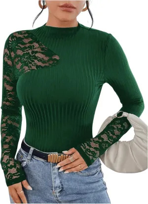 MakeMeChic Women's Floral Lace Long Sleeve Mock Neck Rib Knitted Asymmetrical Tee Shirt Tops