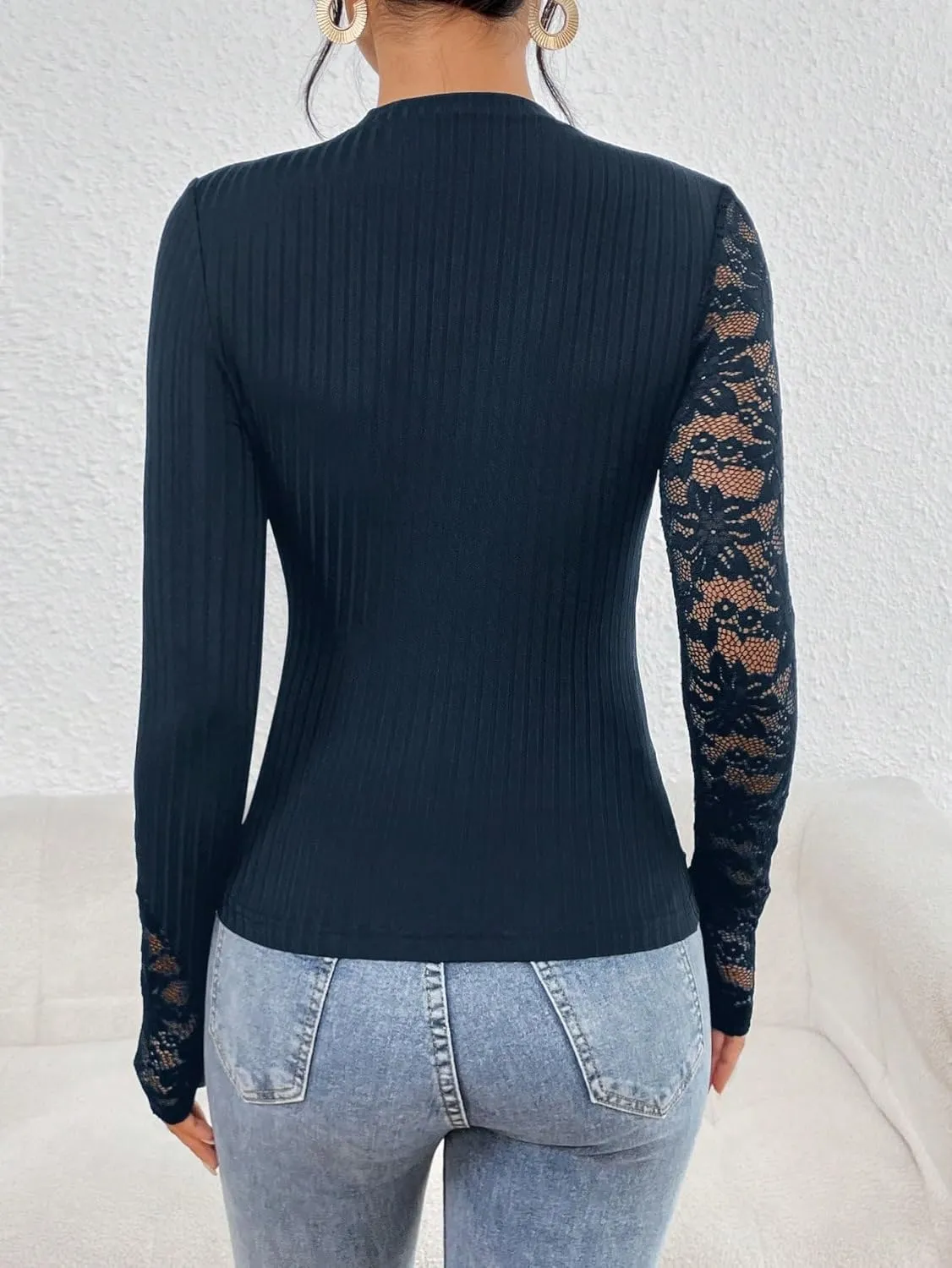 MakeMeChic Women's Floral Lace Long Sleeve Mock Neck Rib Knitted Asymmetrical Tee Shirt Tops