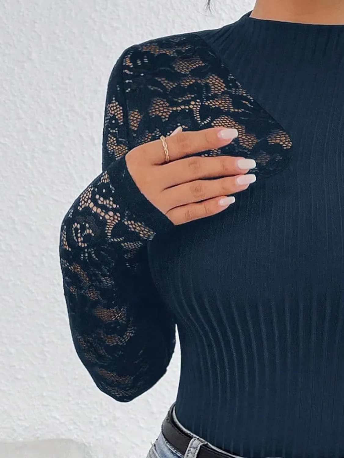 MakeMeChic Women's Floral Lace Long Sleeve Mock Neck Rib Knitted Asymmetrical Tee Shirt Tops
