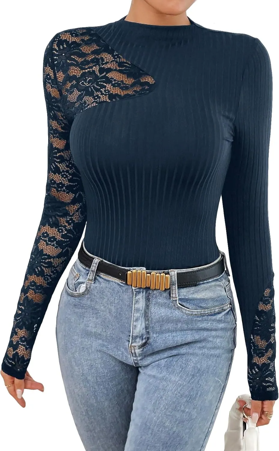 MakeMeChic Women's Floral Lace Long Sleeve Mock Neck Rib Knitted Asymmetrical Tee Shirt Tops