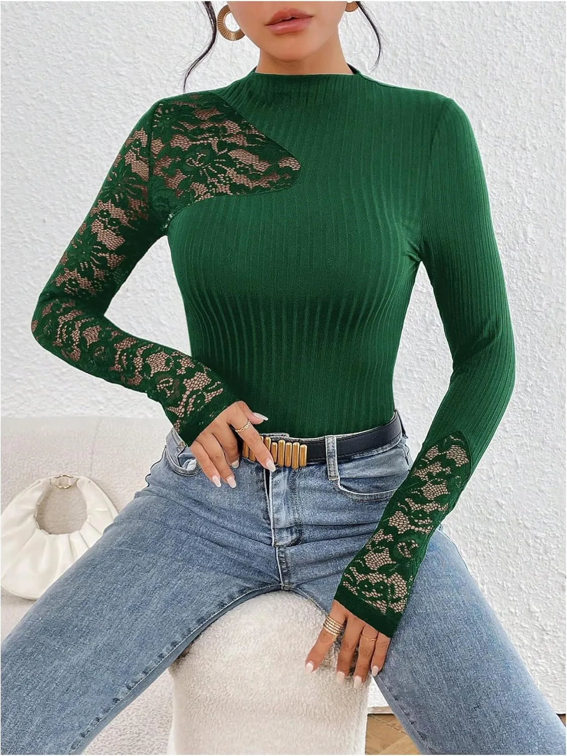 MakeMeChic Women's Floral Lace Long Sleeve Mock Neck Rib Knitted Asymmetrical Tee Shirt Tops
