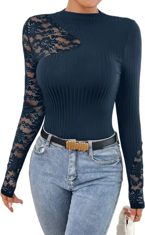 MakeMeChic Women's Floral Lace Long Sleeve Mock Neck Rib Knitted Asymmetrical Tee Shirt Tops