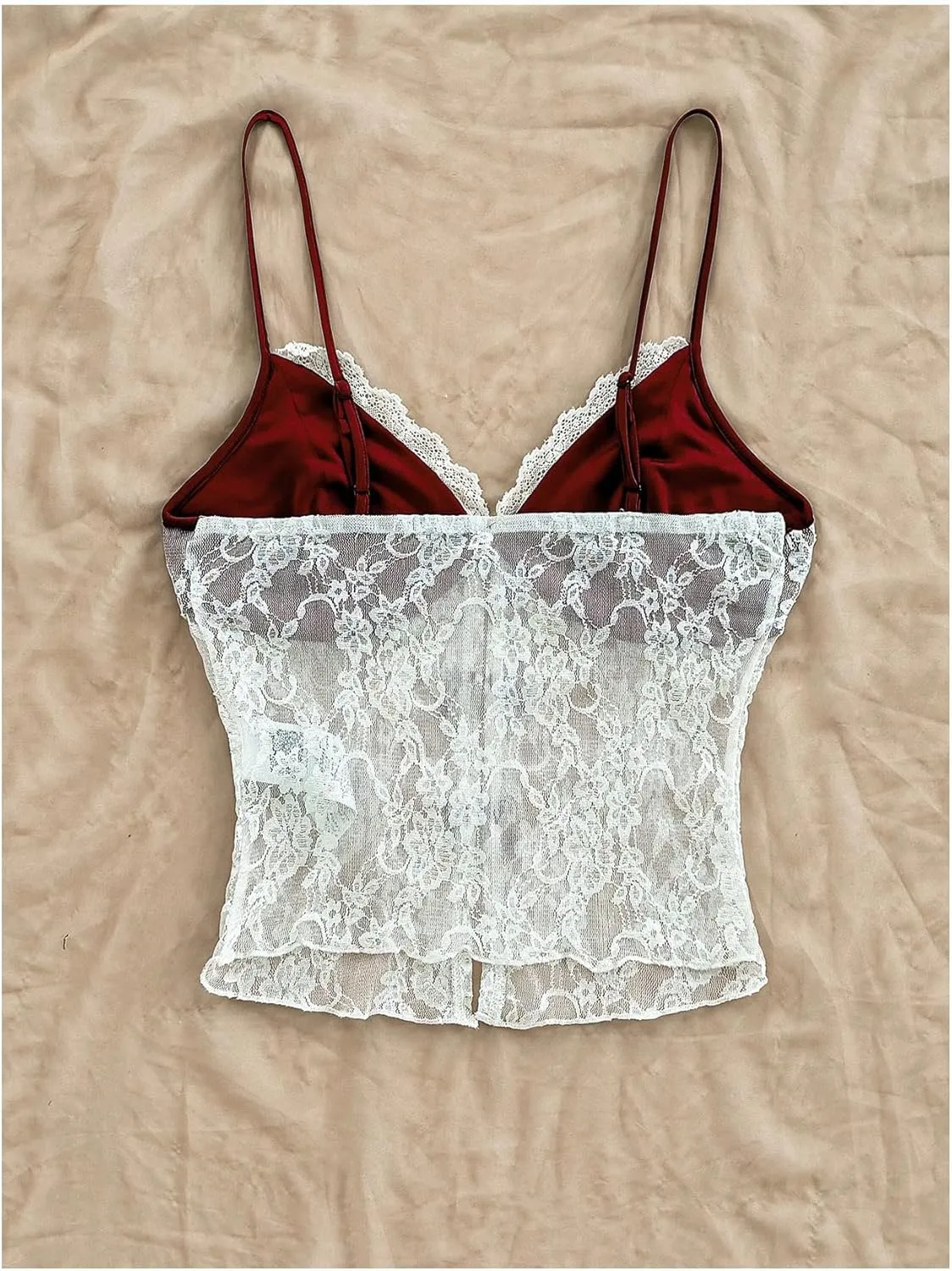 MakeMeChic Women's Floral Lace Sheer Bow Cami Top V Neck Camisole Spaghetti Strap Crop Tops