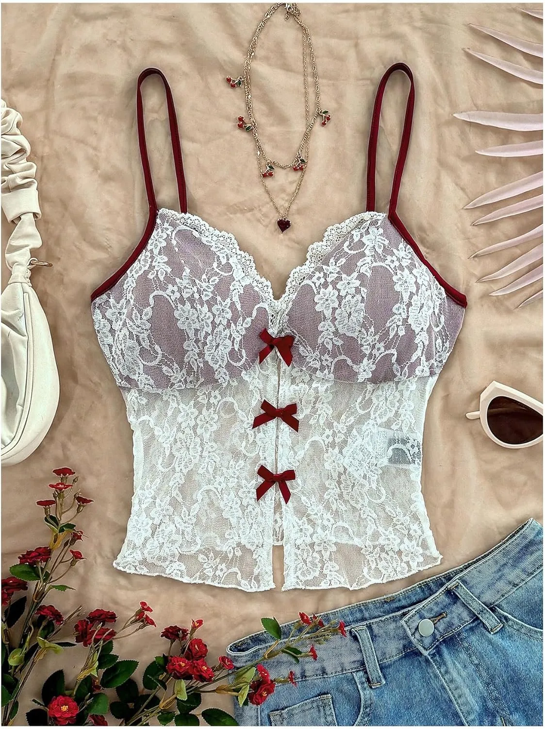 MakeMeChic Women's Floral Lace Sheer Bow Cami Top V Neck Camisole Spaghetti Strap Crop Tops