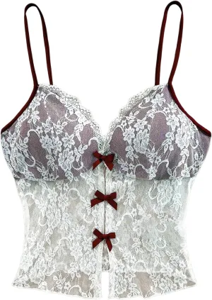 MakeMeChic Women's Floral Lace Sheer Bow Cami Top V Neck Camisole Spaghetti Strap Crop Tops