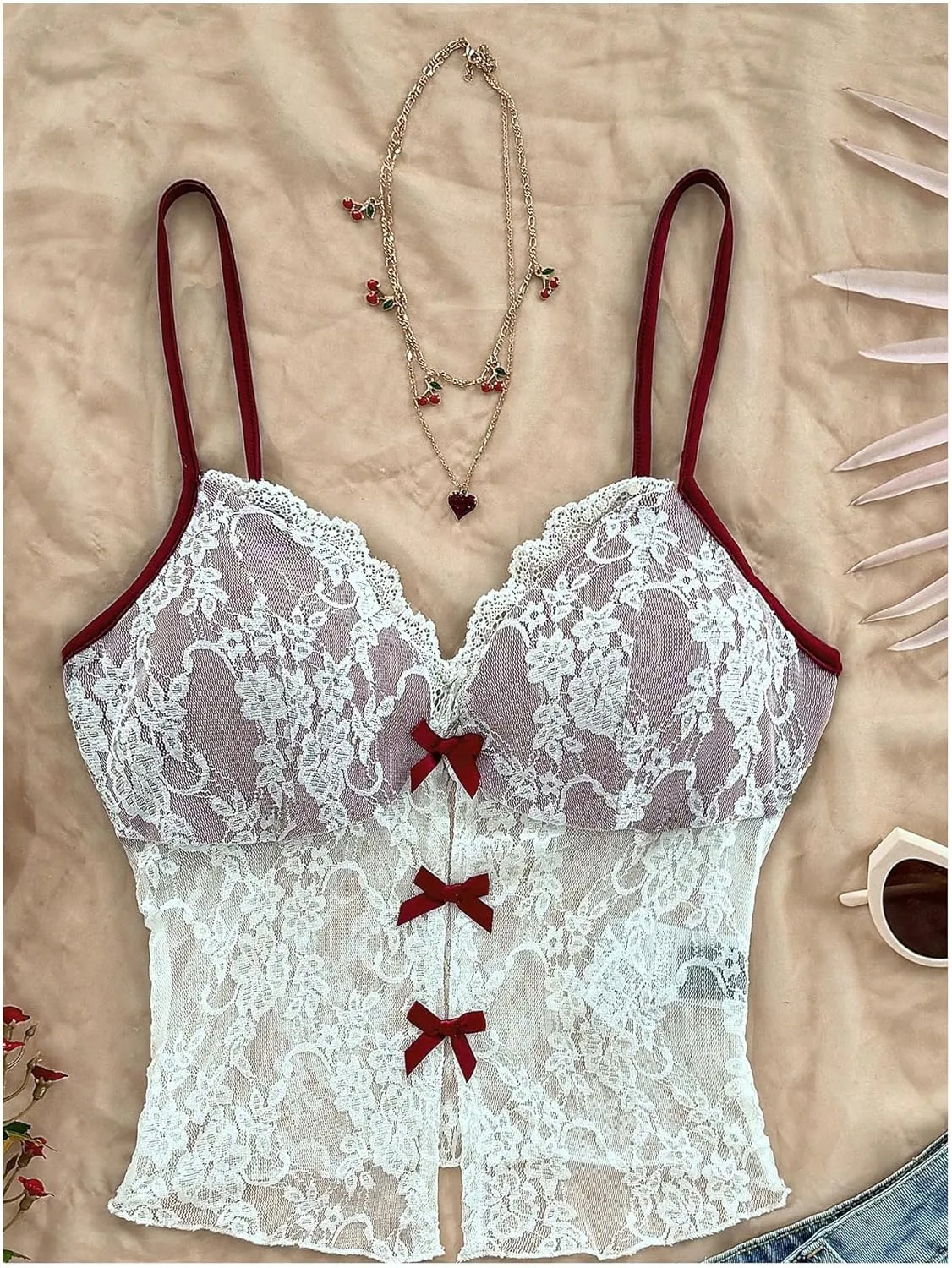 MakeMeChic Women's Floral Lace Sheer Bow Cami Top V Neck Camisole Spaghetti Strap Crop Tops