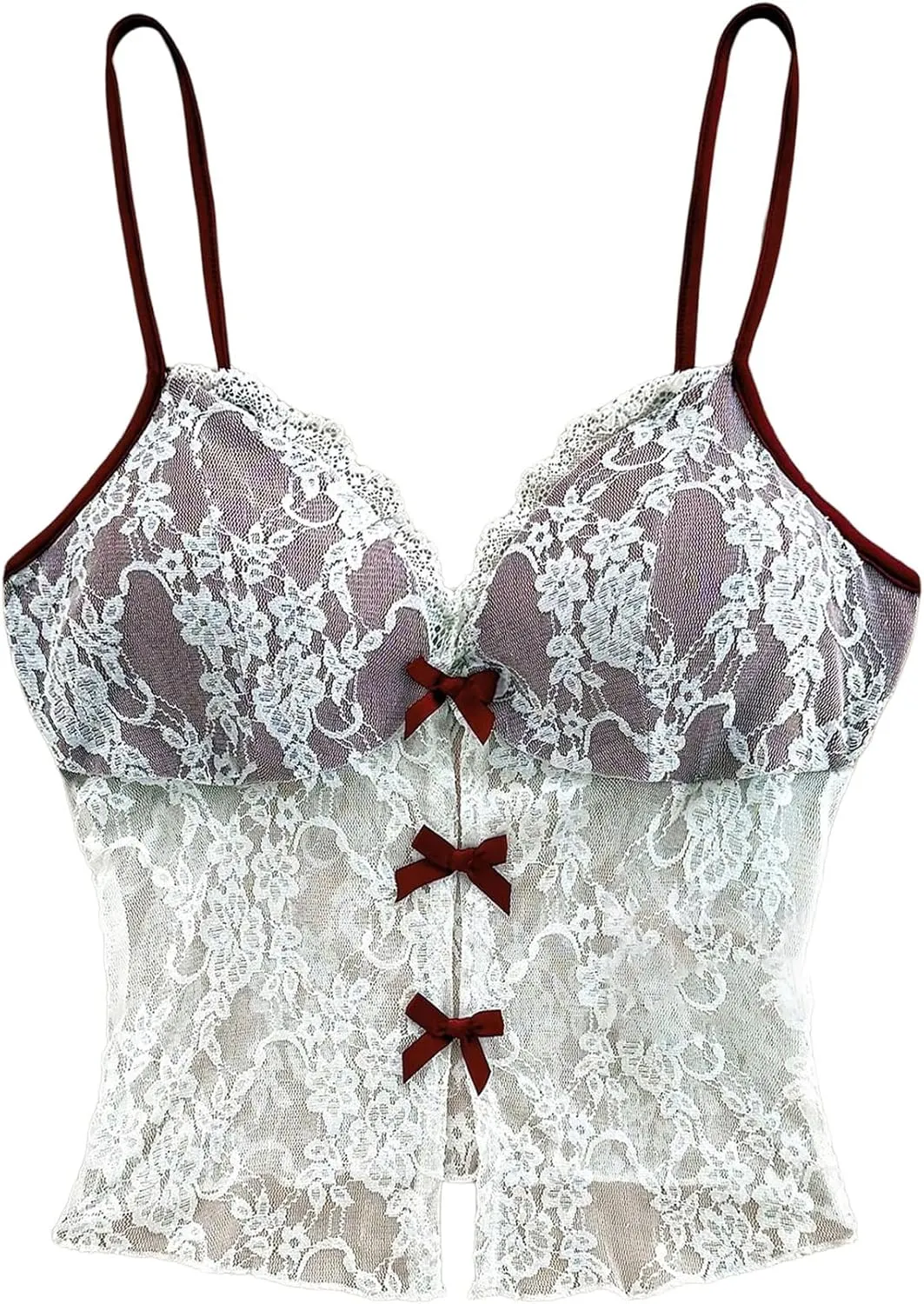 MakeMeChic Women's Floral Lace Sheer Bow Cami Top V Neck Camisole Spaghetti Strap Crop Tops