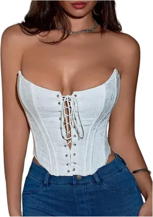 MakeMeChic Women's Lace Up Renaissance Corset Bustier Top Floral Embroidery Grommet Eyelet Tube Crop Tops