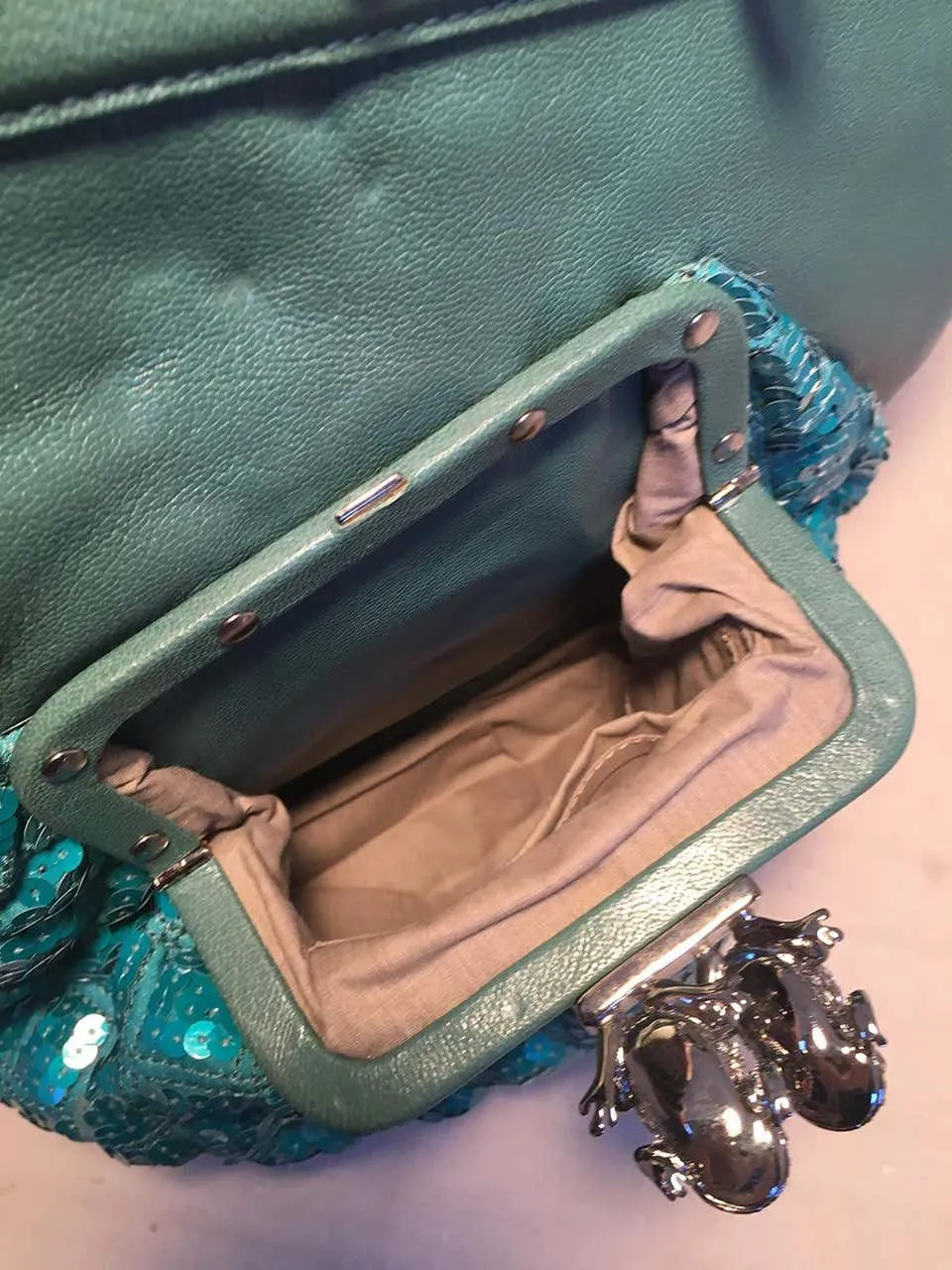 Marc Jacobs Seafoam Green Leather and Sequin Small Duffy Frog Tote