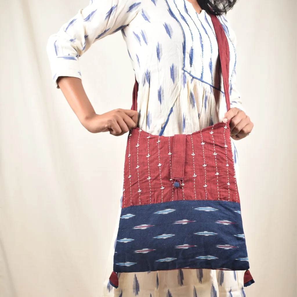 Maroon and Blue Ikat sling bag with hand embroidery