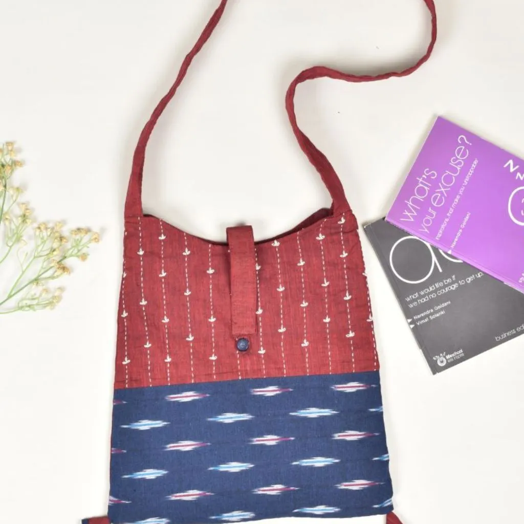 Maroon and Blue Ikat sling bag with hand embroidery