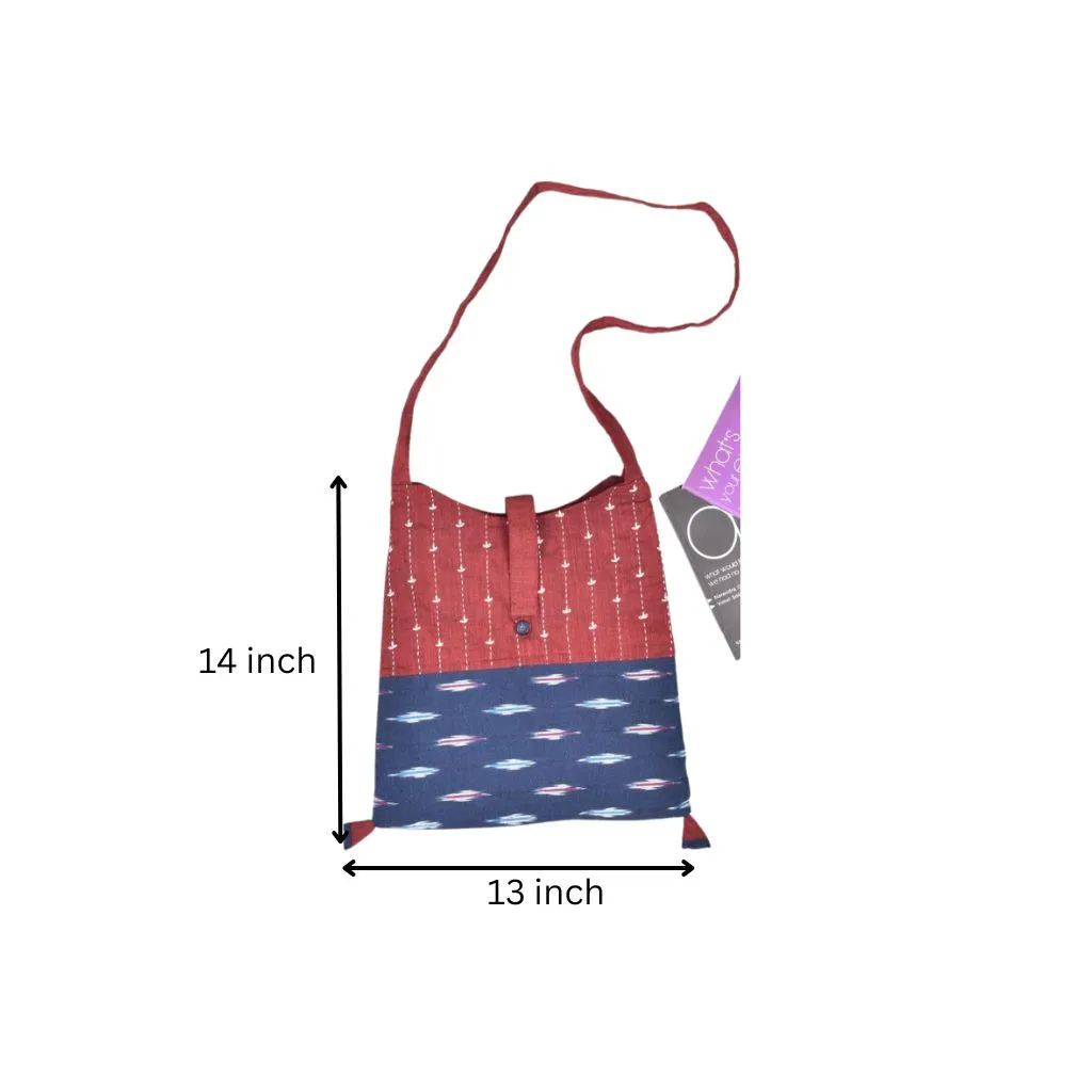 Maroon and Blue Ikat sling bag with hand embroidery