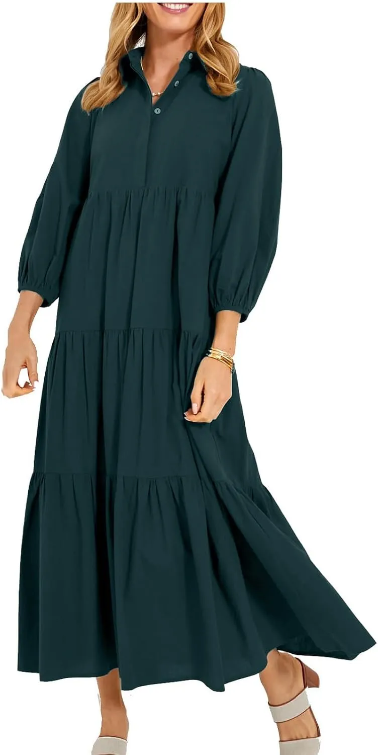 Maxi Dress for Women Casual 2024 Button Down V-Neck Lapel a Line Pleated Shirt Dress Plus Size Fall Flowy Long Dress