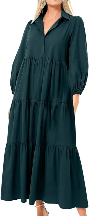 Maxi Dress for Women Casual 2024 Button Down V-Neck Lapel a Line Pleated Shirt Dress Plus Size Fall Flowy Long Dress