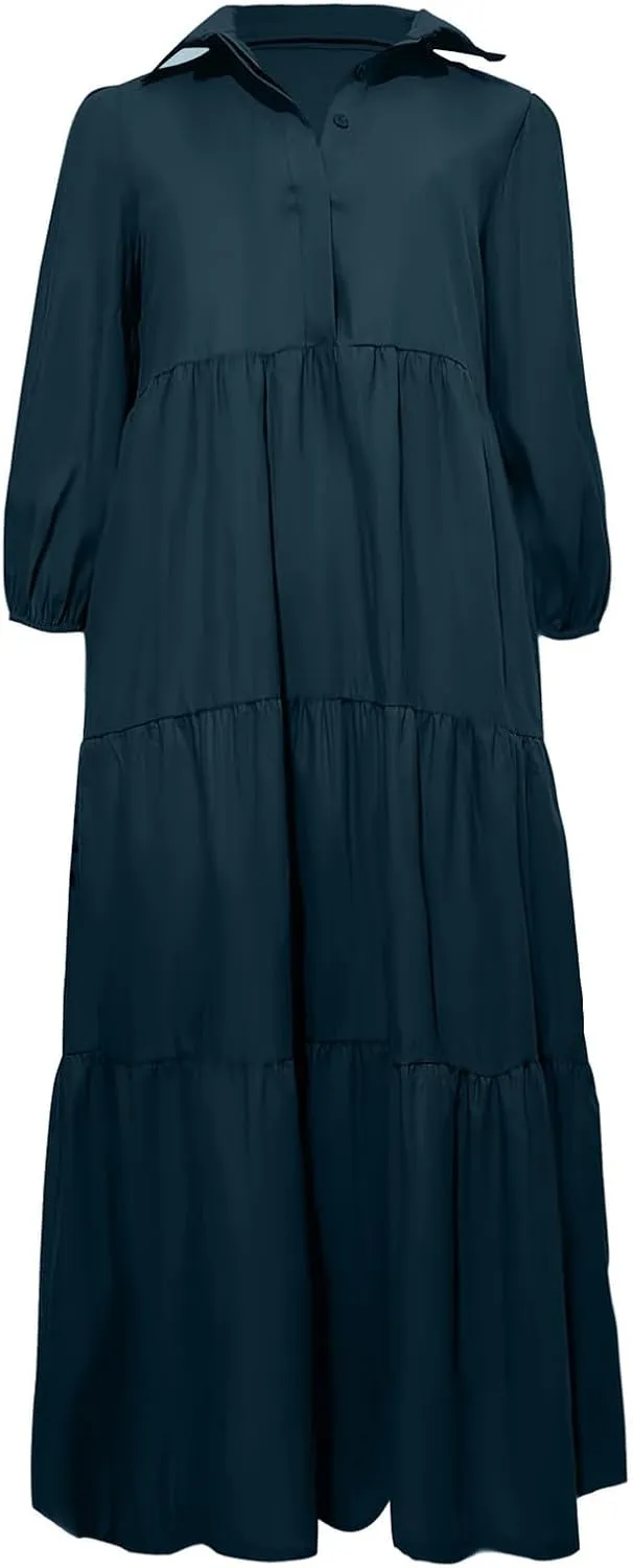 Maxi Dress for Women Casual 2024 Button Down V-Neck Lapel a Line Pleated Shirt Dress Plus Size Fall Flowy Long Dress