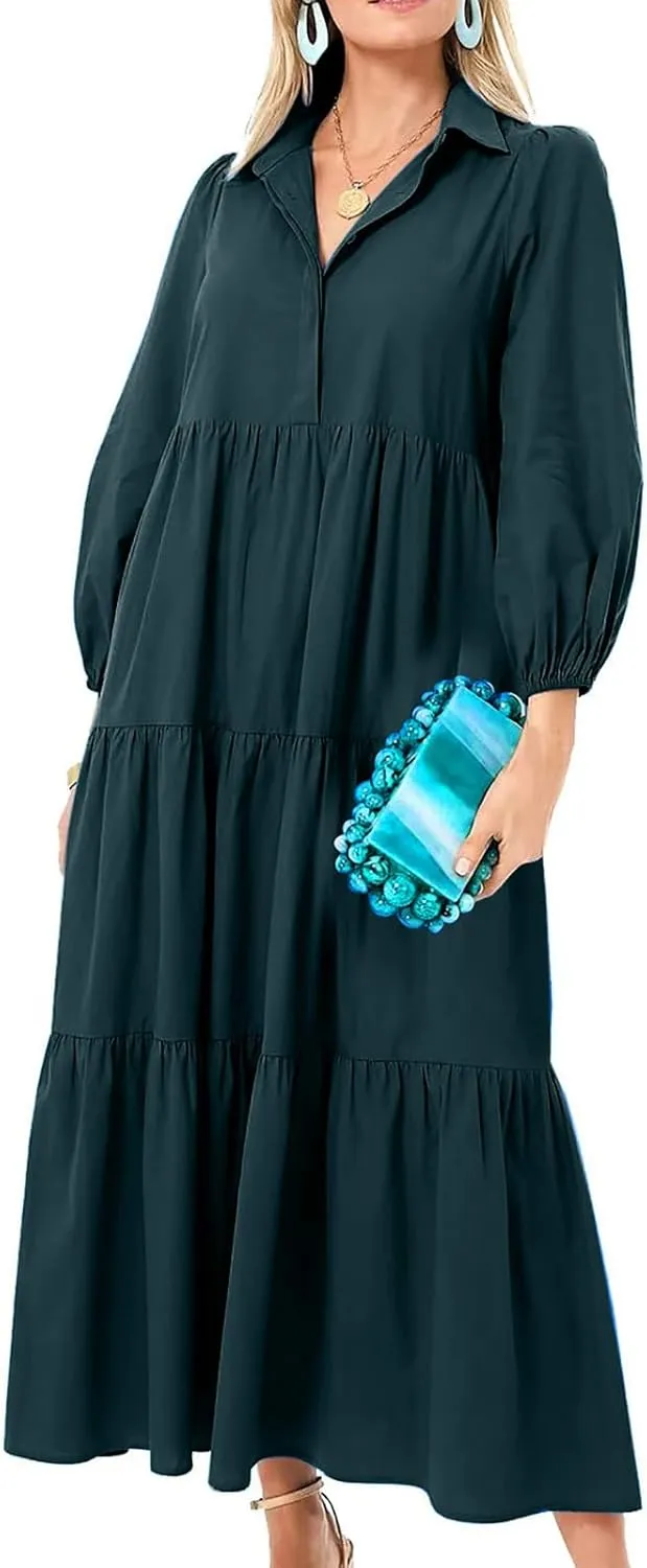 Maxi Dress for Women Casual 2024 Button Down V-Neck Lapel a Line Pleated Shirt Dress Plus Size Fall Flowy Long Dress