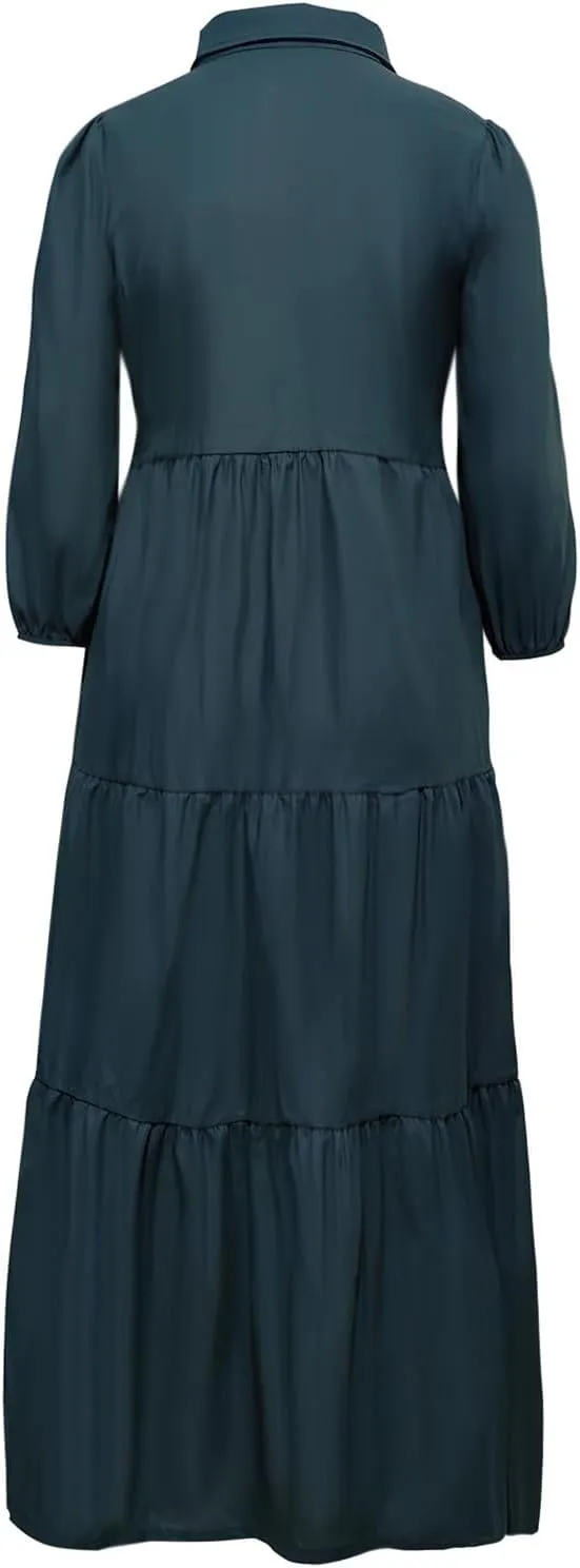Maxi Dress for Women Casual 2024 Button Down V-Neck Lapel a Line Pleated Shirt Dress Plus Size Fall Flowy Long Dress