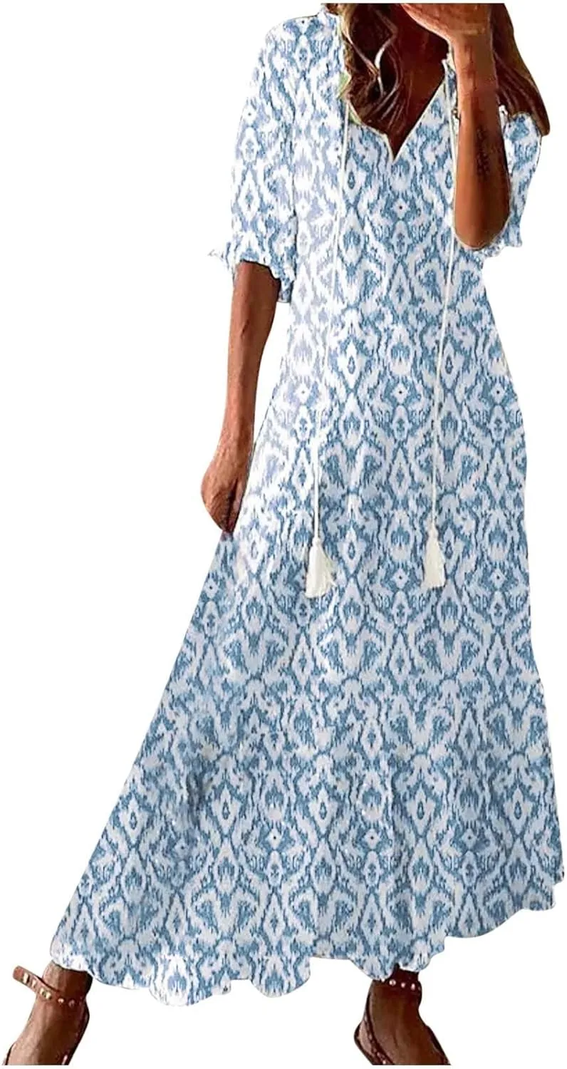 Maxi Dress for Women Casual Dressy V Neck Half Sleeve Tiered Boho Long Dresses Summer Bohemian Sundress Party Evening
