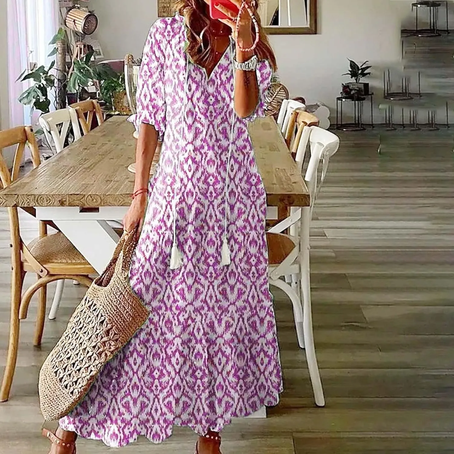 Maxi Dress for Women Casual Dressy V Neck Half Sleeve Tiered Boho Long Dresses Summer Bohemian Sundress Party Evening