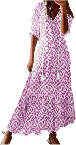 Maxi Dress for Women Casual Dressy V Neck Half Sleeve Tiered Boho Long Dresses Summer Bohemian Sundress Party Evening