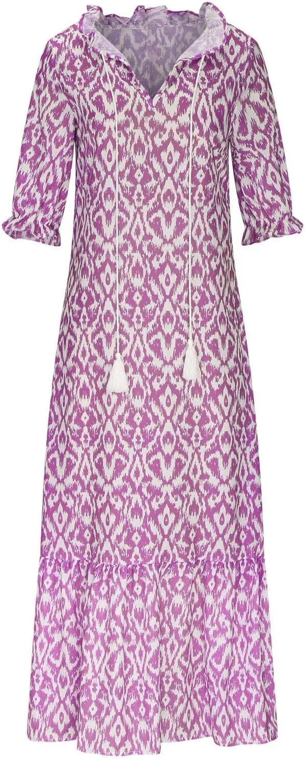 Maxi Dress for Women Casual Dressy V Neck Half Sleeve Tiered Boho Long Dresses Summer Bohemian Sundress Party Evening