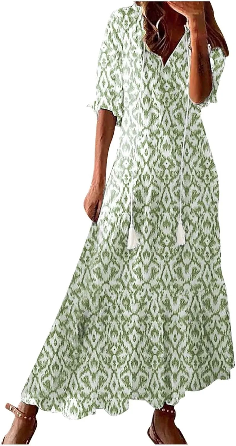 Maxi Dress for Women Casual Dressy V Neck Half Sleeve Tiered Boho Long Dresses Summer Bohemian Sundress Party Evening
