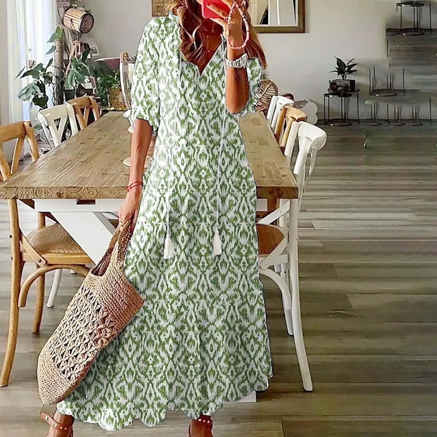 Maxi Dress for Women Casual Dressy V Neck Half Sleeve Tiered Boho Long Dresses Summer Bohemian Sundress Party Evening
