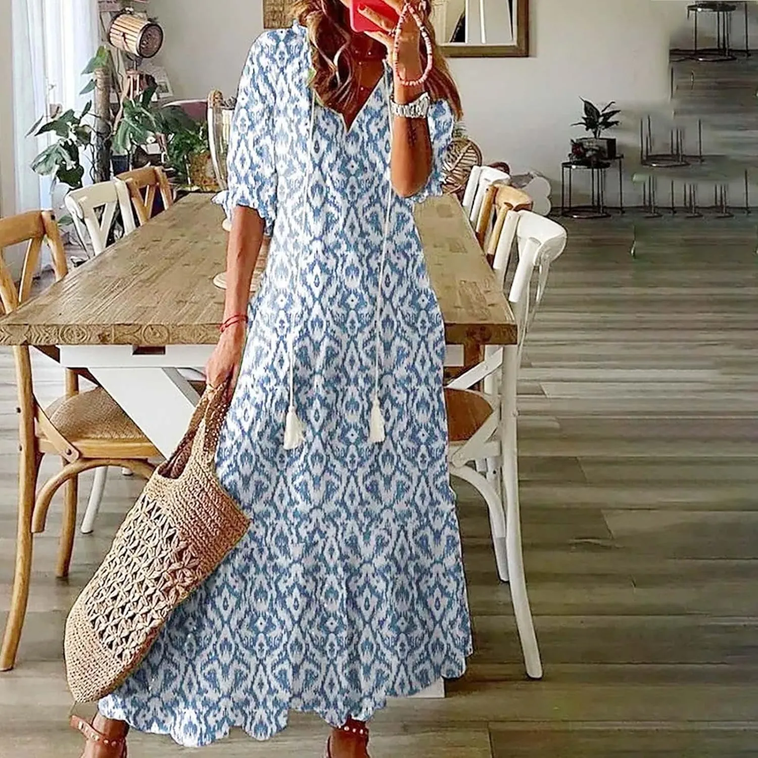 Maxi Dress for Women Casual Dressy V Neck Half Sleeve Tiered Boho Long Dresses Summer Bohemian Sundress Party Evening