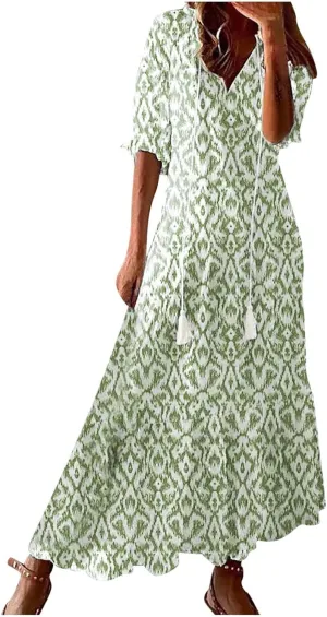 Maxi Dress for Women Casual Dressy V Neck Half Sleeve Tiered Boho Long Dresses Summer Bohemian Sundress Party Evening