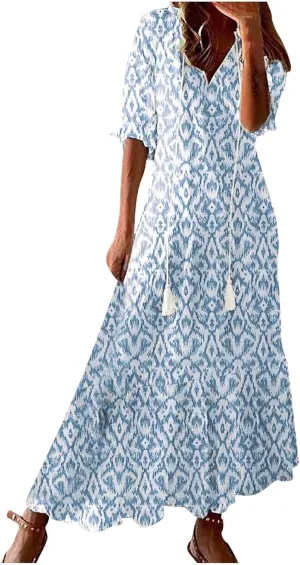 Maxi Dress for Women Casual Dressy V Neck Half Sleeve Tiered Boho Long Dresses Summer Bohemian Sundress Party Evening