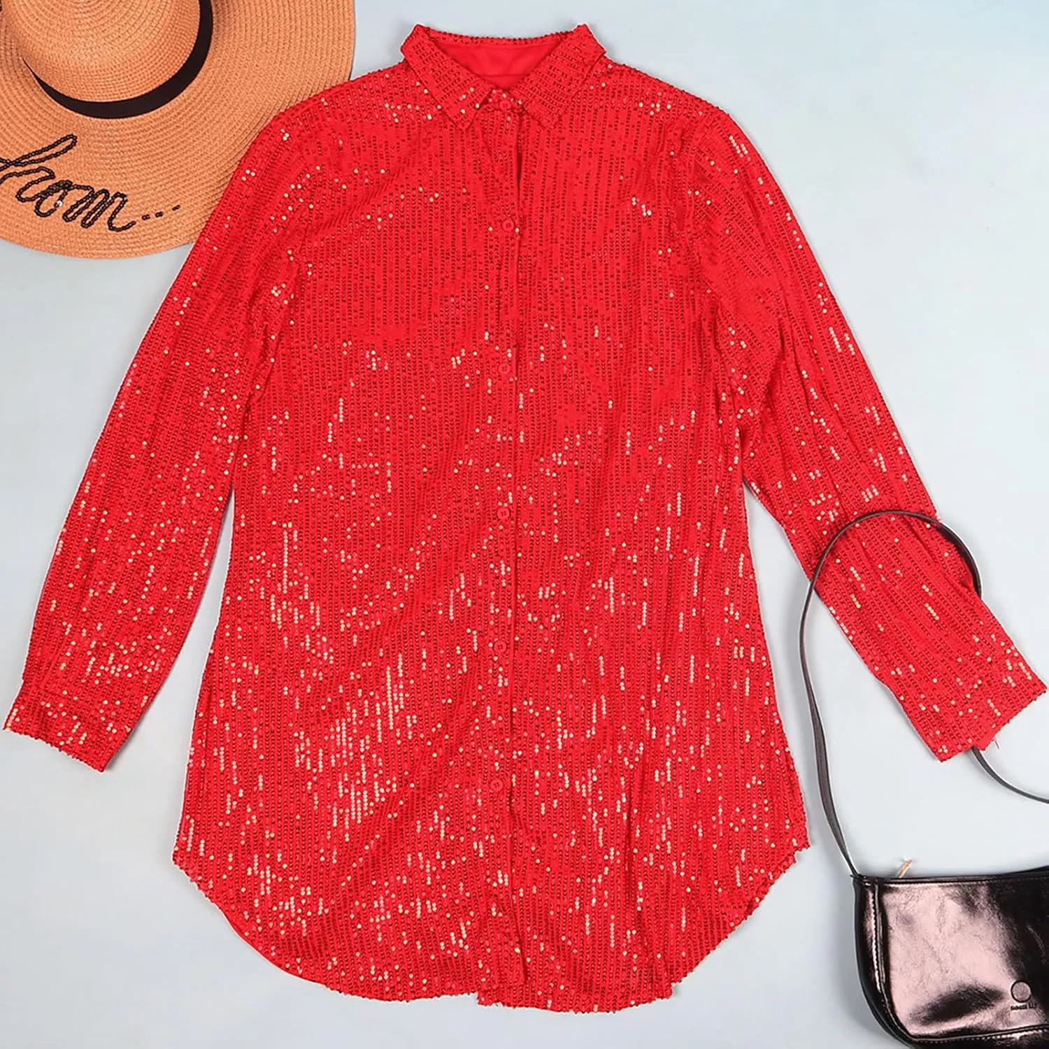 Mayntop Women Shirt Mini Dress Sparkly Real Sequin Button-Down Long Sleeve Party Club Loose Sexy Top