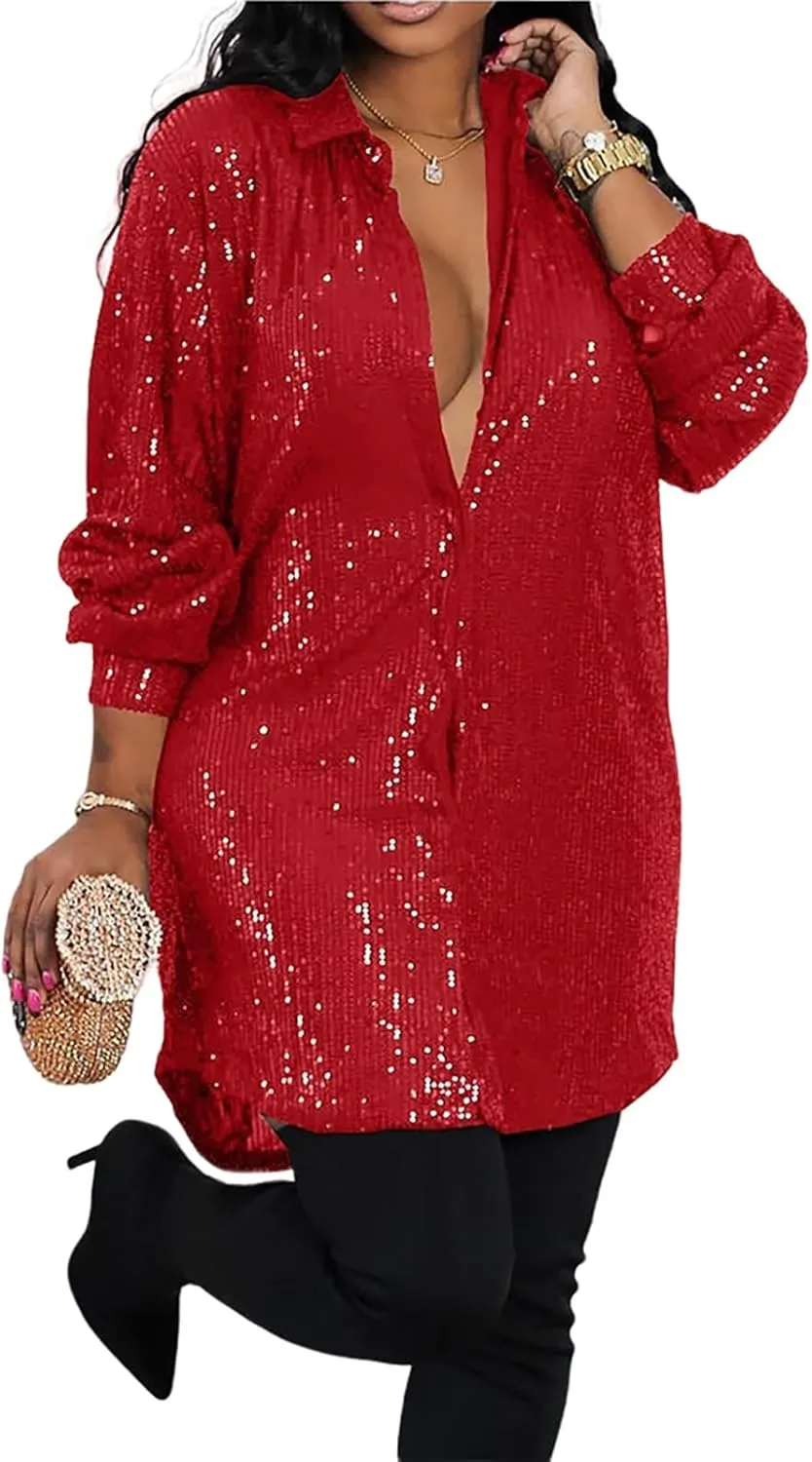 Mayntop Women Shirt Mini Dress Sparkly Real Sequin Button-Down Long Sleeve Party Club Loose Sexy Top