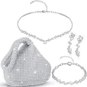 Meanplan 4 Pcs Silver Clutch Purse Jewelry Set for Women Evening Rhinestone Purse Silver Accessories for Women Bride Wedding Jewelry