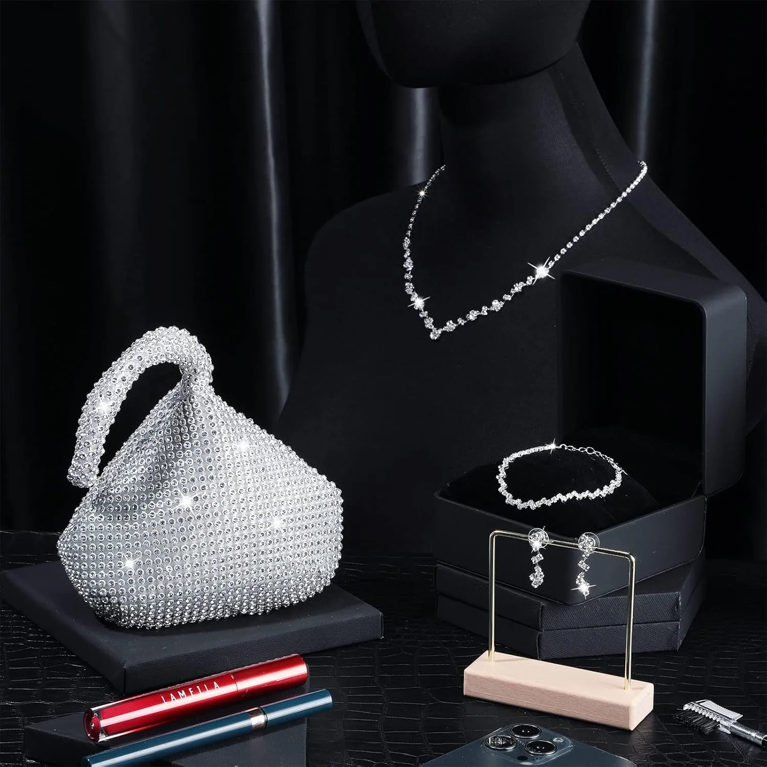 Meanplan 4 Pcs Silver Clutch Purse Jewelry Set for Women Evening Rhinestone Purse Silver Accessories for Women Bride Wedding Jewelry