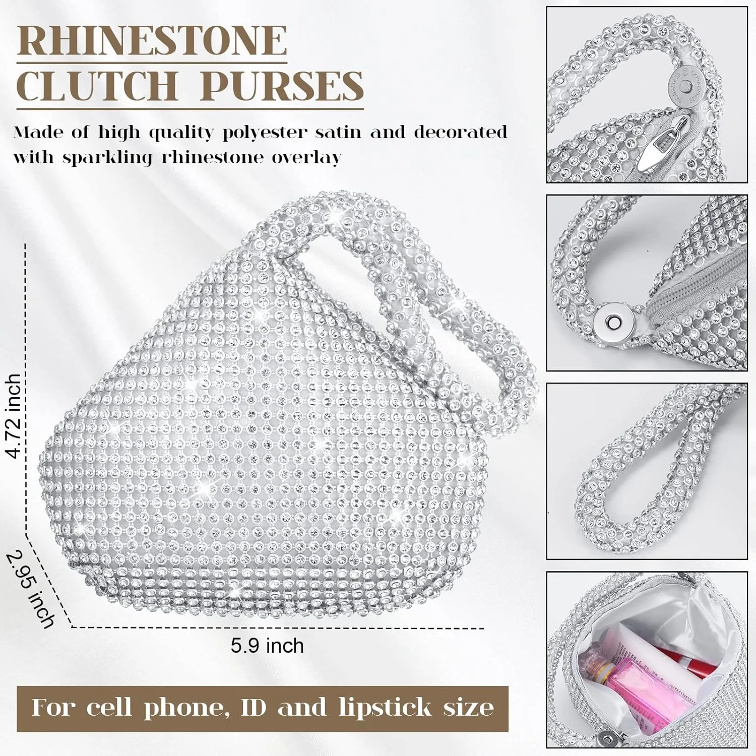 Meanplan 4 Pcs Silver Clutch Purse Jewelry Set for Women Evening Rhinestone Purse Silver Accessories for Women Bride Wedding Jewelry
