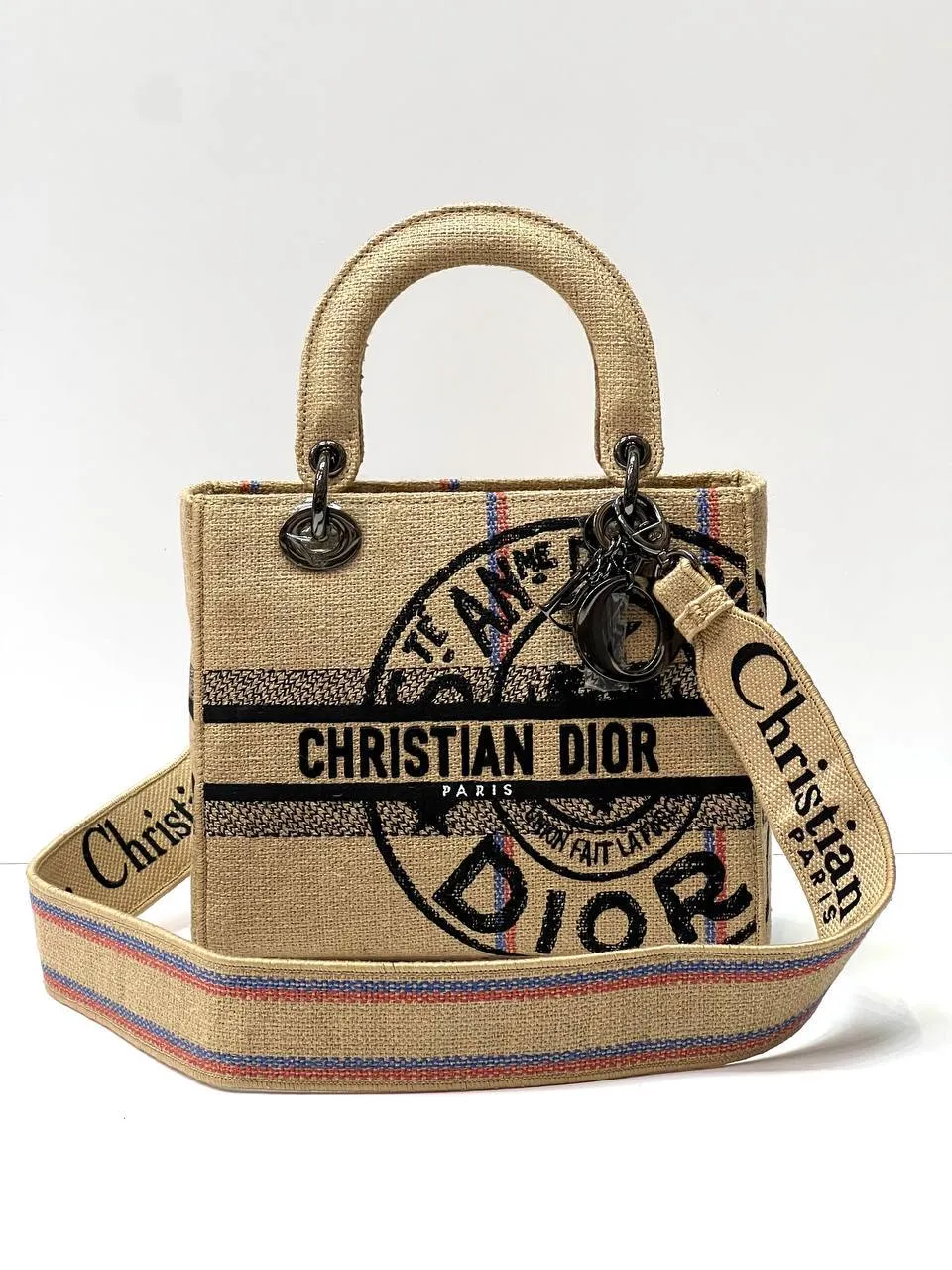 MEDIUM LADY D-LITE BAG Beige Jute Canvas