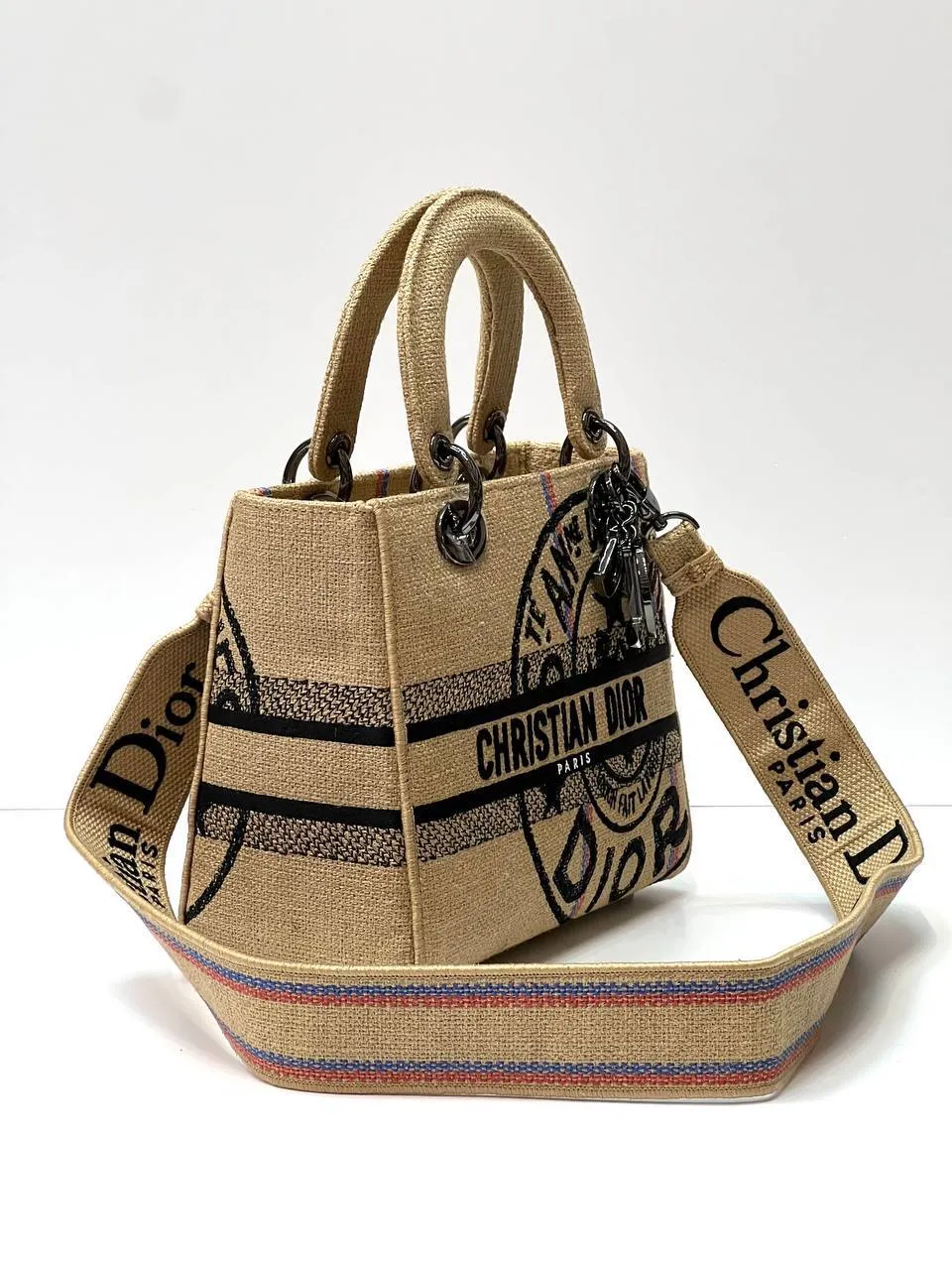 MEDIUM LADY D-LITE BAG Beige Jute Canvas