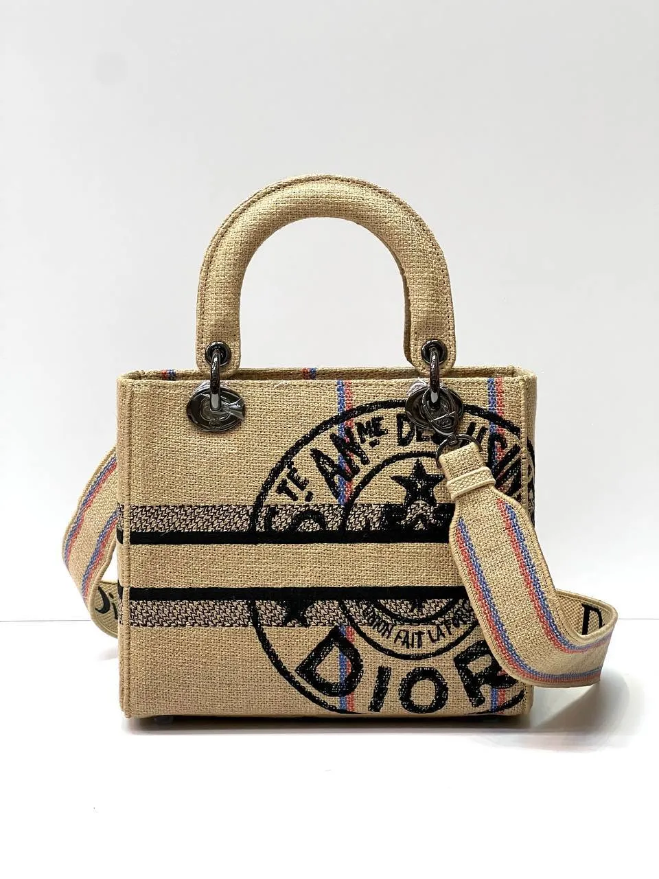 MEDIUM LADY D-LITE BAG Beige Jute Canvas