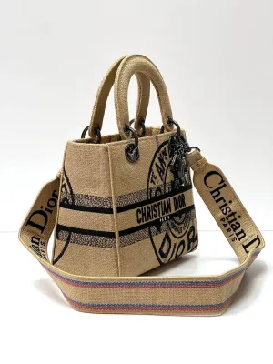 MEDIUM LADY D-LITE BAG Beige Jute Canvas