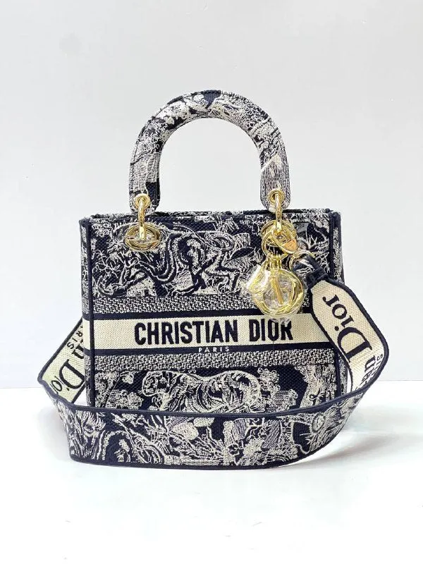 MEDIUM LADY D-LITE BAG Blue Toile de Jouy Embroidery