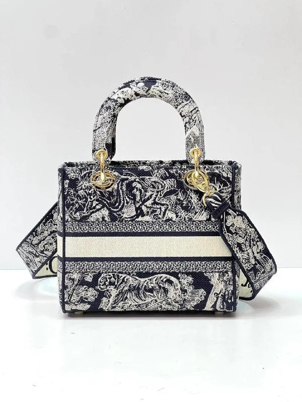 MEDIUM LADY D-LITE BAG Blue Toile de Jouy Embroidery