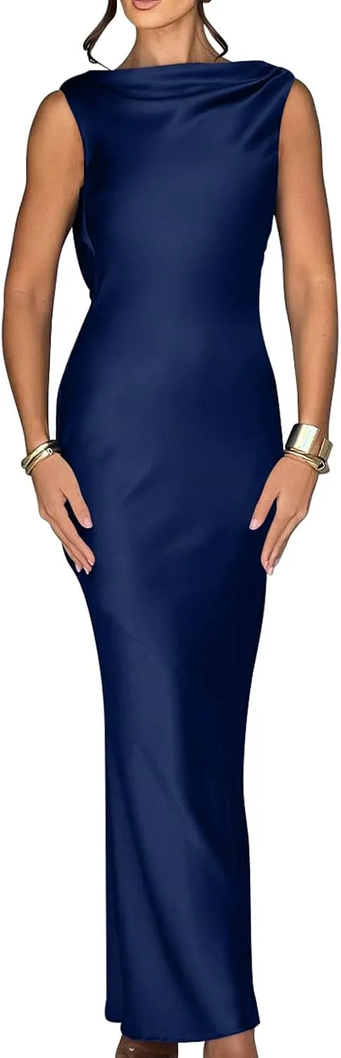 Memoriesea Women's Satin Elegant Sleeveless High Neck Tie Cocktail Party Maxi Dress